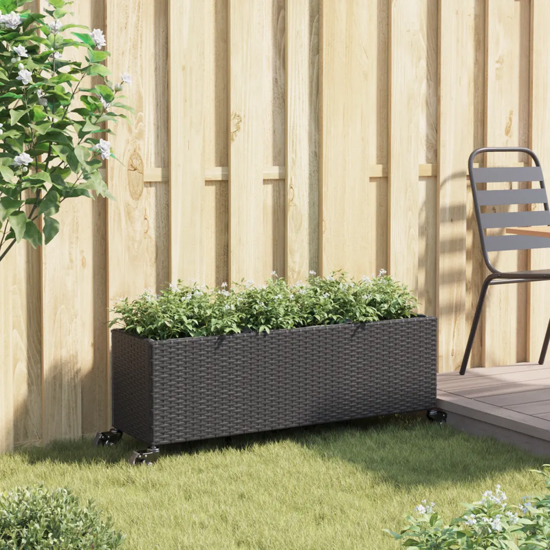 Garden Planter with Wheels and 3 Pots Black 107x32x38 cm Poly Rattan