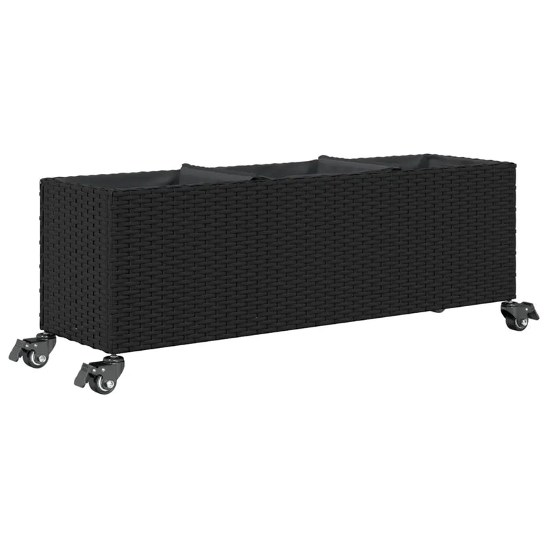 Garden Planter with Wheels and 3 Pots Black 107x32x38 cm Poly Rattan