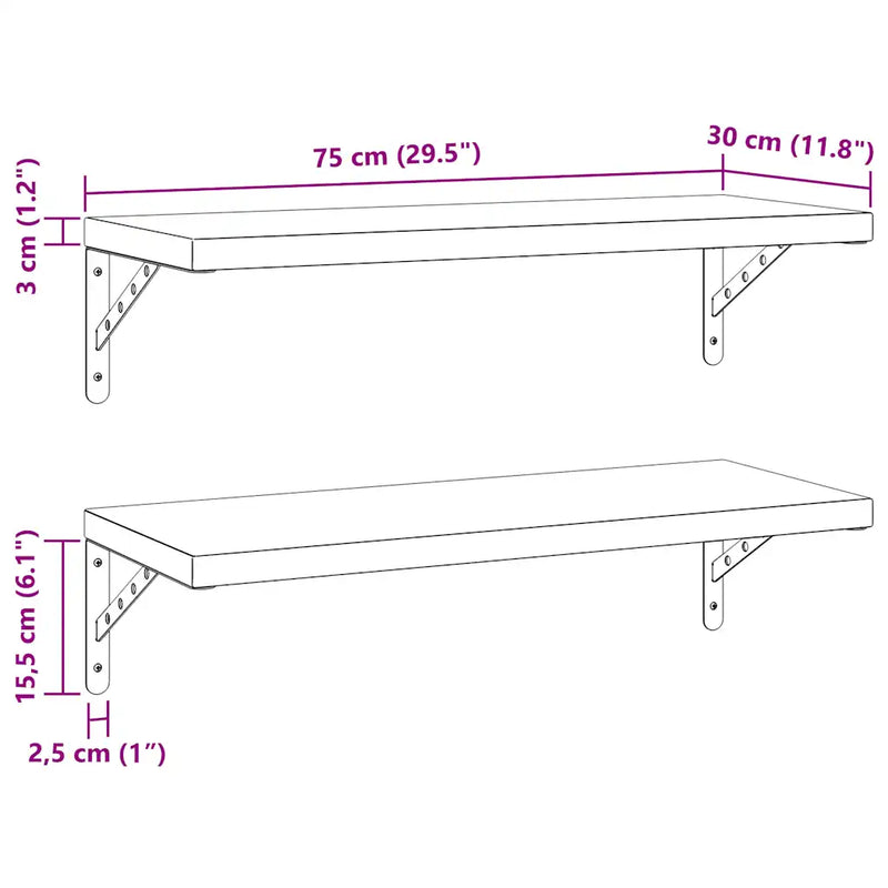 Wall Shelves 2 pcs 75x30 cm Silver Stainless Steel
