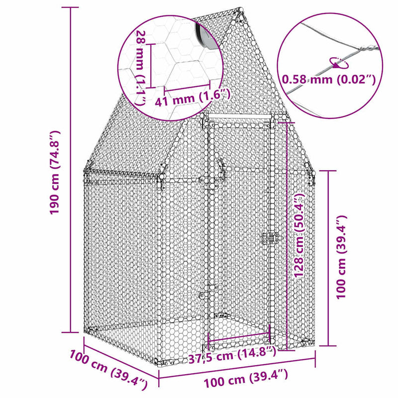 vidaXL Chicken Cage Silver 100x100x190 cm Galvanised Steel