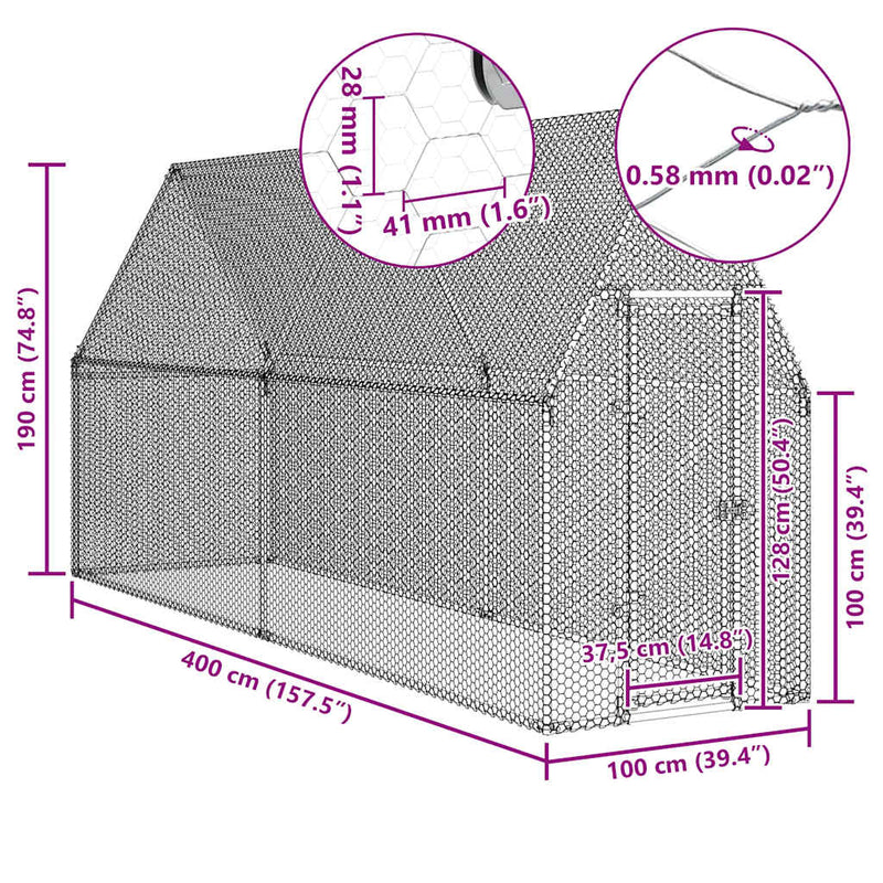 vidaXL Chicken Cage Silver 400x100x190 cm Galvanised Steel