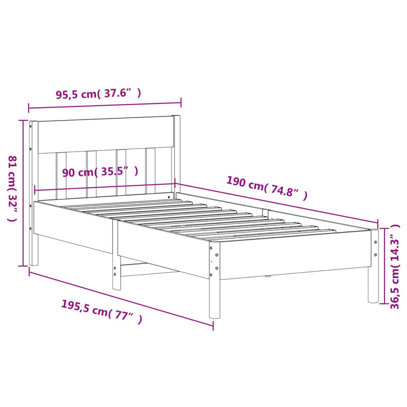 Bed Frame with Headboard 90x190 cm Solid Wood Pine