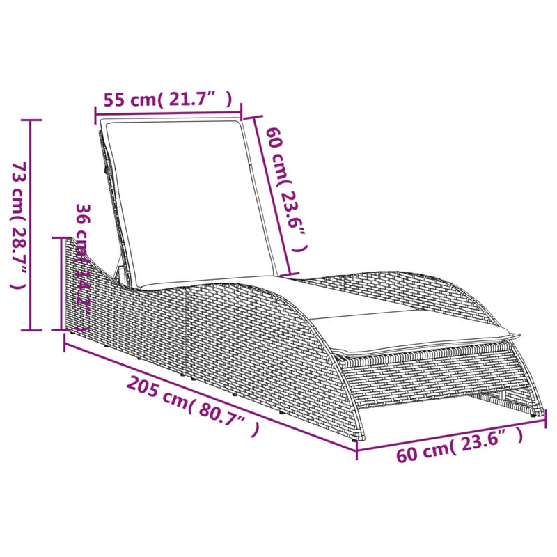 vidaXL Sun Lounger with Cushion Black 60x205x73 cm Poly Rattan