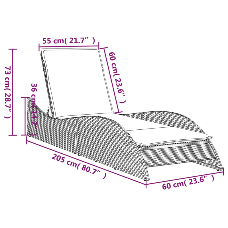 vidaXL Sun Lounger with Cushion Grey 60x205x73 cm Poly Rattan