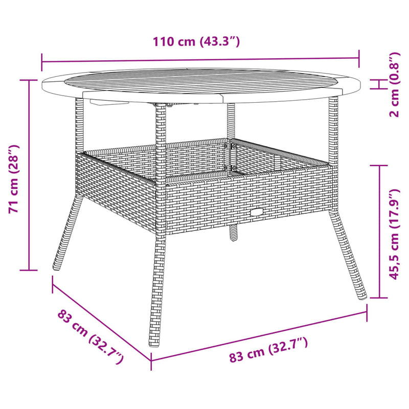 vidaXL Garden Table with Acacia Wood Top Black Ø110x71 cm Poly Rattan