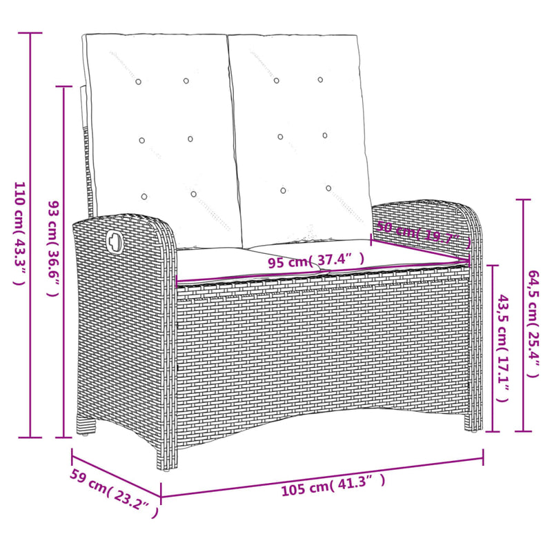 vidaXL Reclining Garden Bench with Cushions Black Poly Rattan