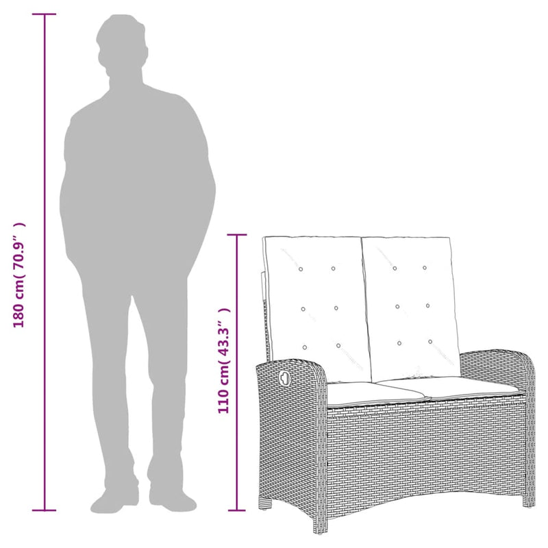 vidaXL Reclining Garden Bench with Cushions Grey Poly Rattan