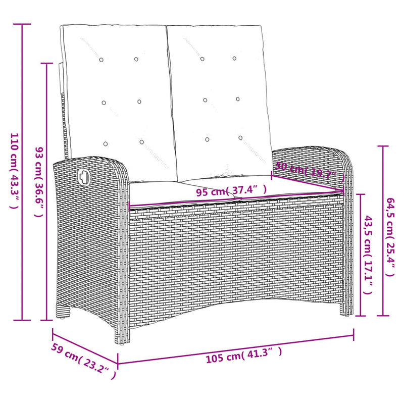 vidaXL Reclining Garden Bench with Cushions Grey Poly Rattan