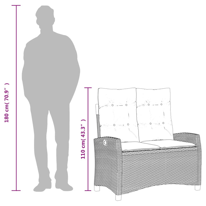 vidaXL Reclining Garden Bench with Cushions Grey Poly Rattan