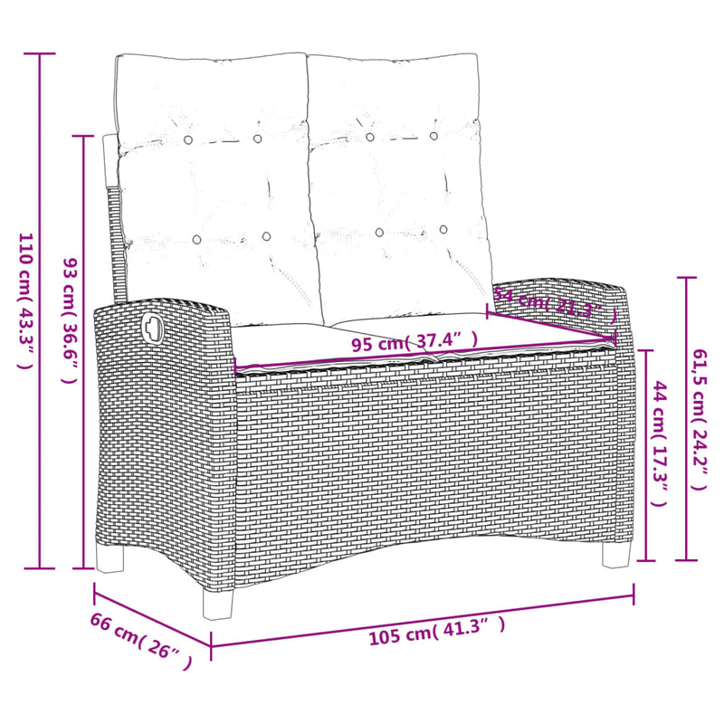 vidaXL Reclining Garden Bench with Cushions Grey Poly Rattan
