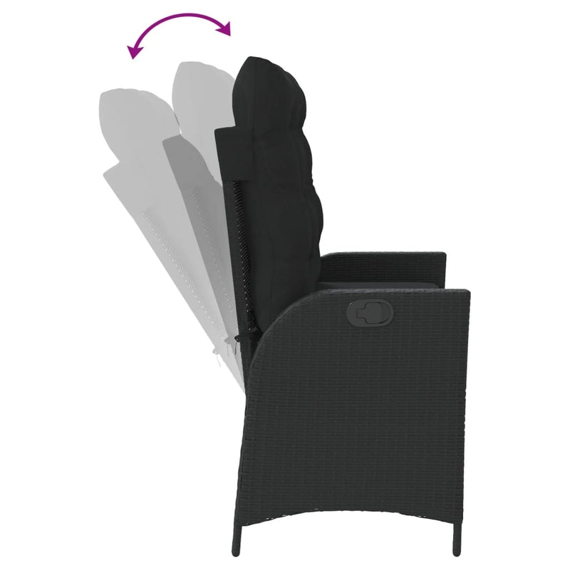 vidaXL Reclining Garden Bench with Cushions Black Poly Rattan