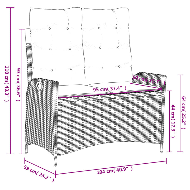 vidaXL Reclining Garden Bench with Cushions Black Poly Rattan