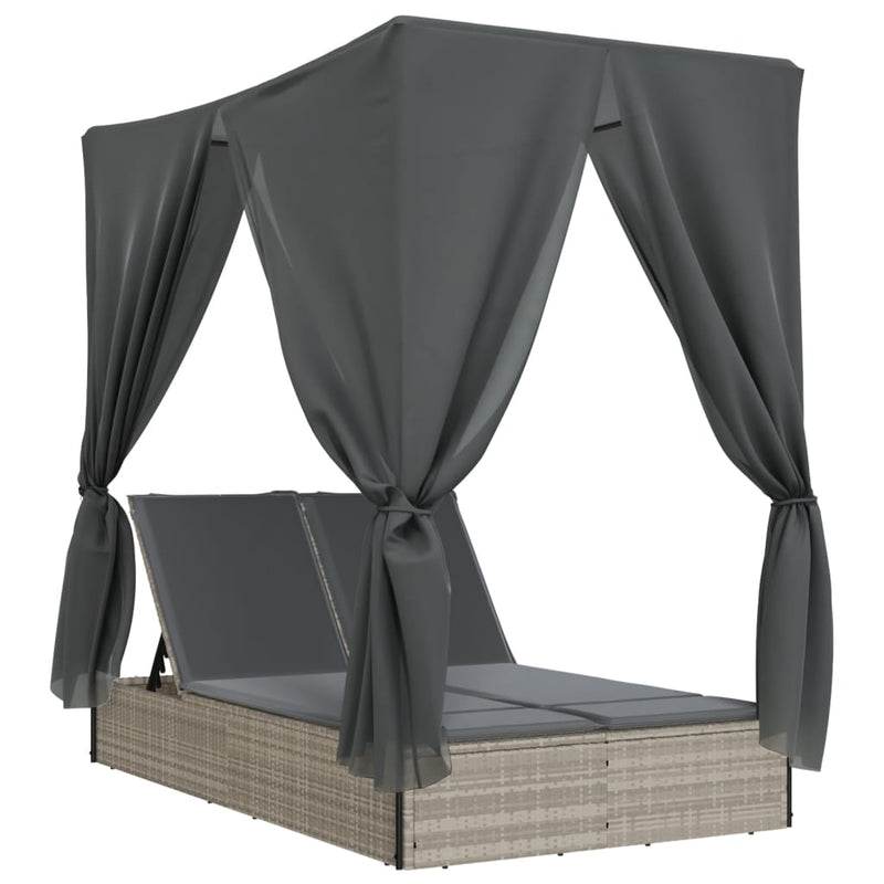 vidaXL Double Sun Lounger with Roof and Curtains Light Grey Poly Rattan