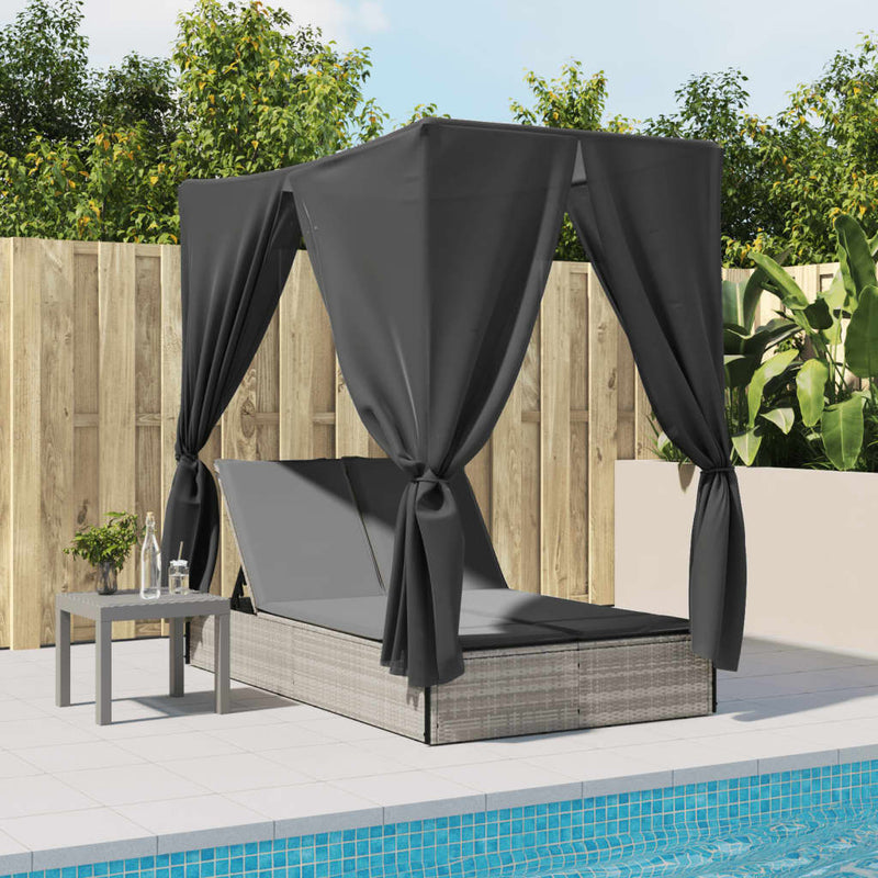 vidaXL Double Sun Lounger with Roof and Curtains Light Grey Poly Rattan