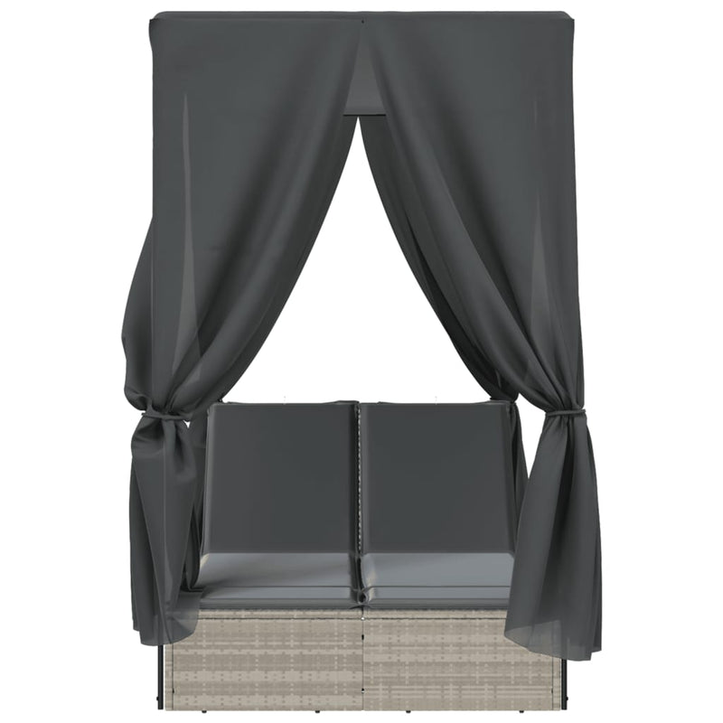 vidaXL Double Sun Lounger with Roof and Curtains Light Grey Poly Rattan