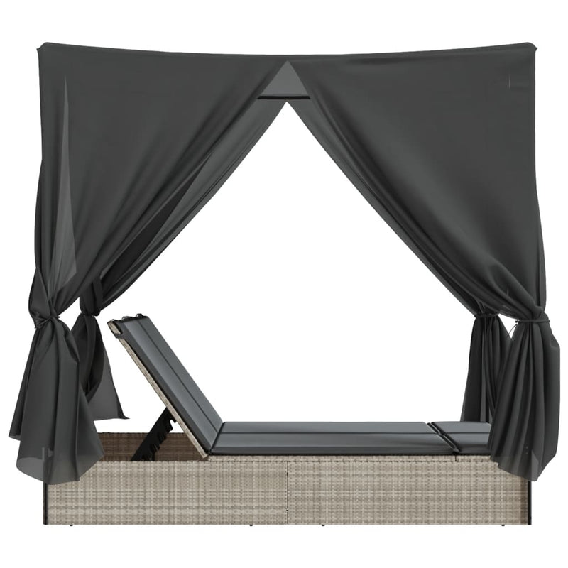 vidaXL Double Sun Lounger with Roof and Curtains Light Grey Poly Rattan