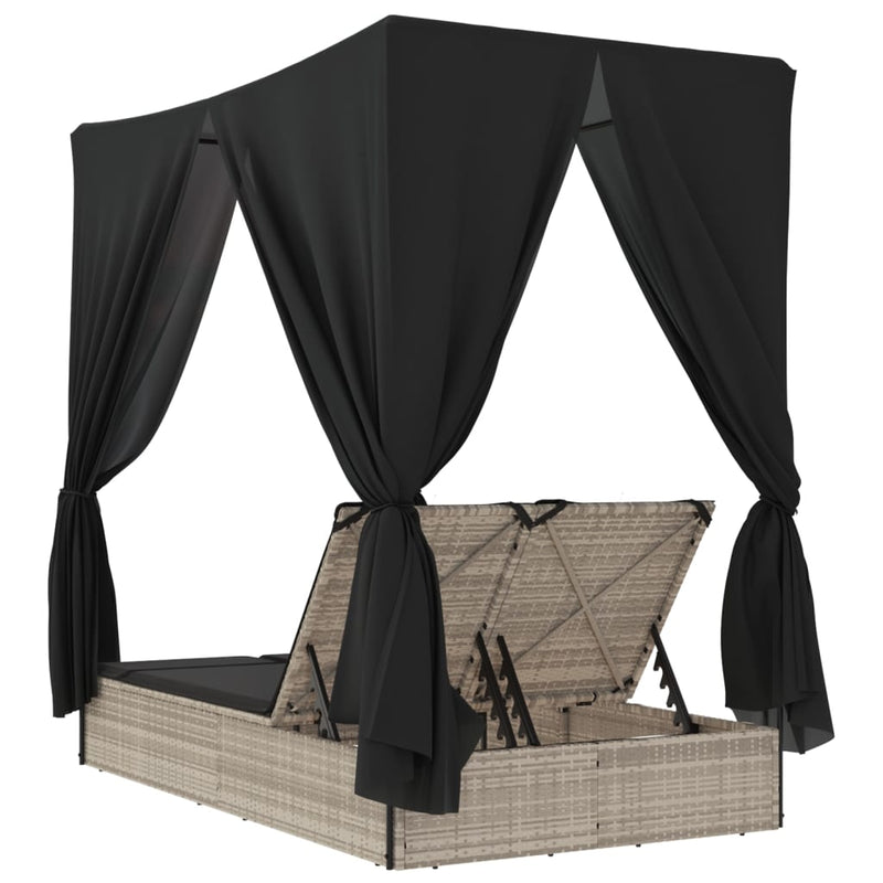 vidaXL Double Sun Lounger with Roof and Curtains Light Grey Poly Rattan