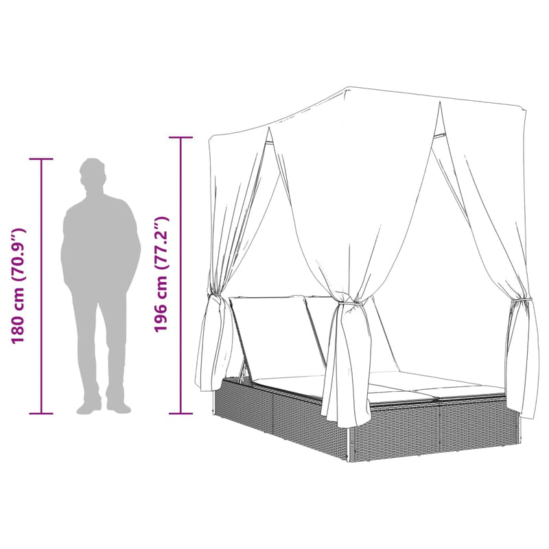 vidaXL Double Sun Lounger with Roof and Curtains Light Grey Poly Rattan