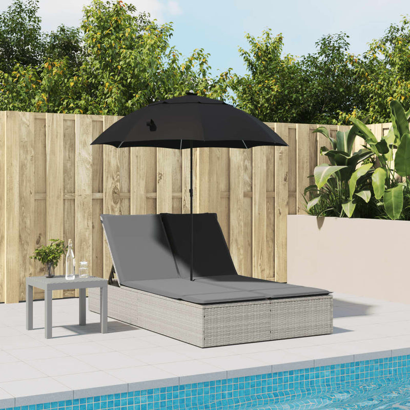 vidaXL Double Sun Lounger with Cushions&Parasol Light Grey Poly Rattan