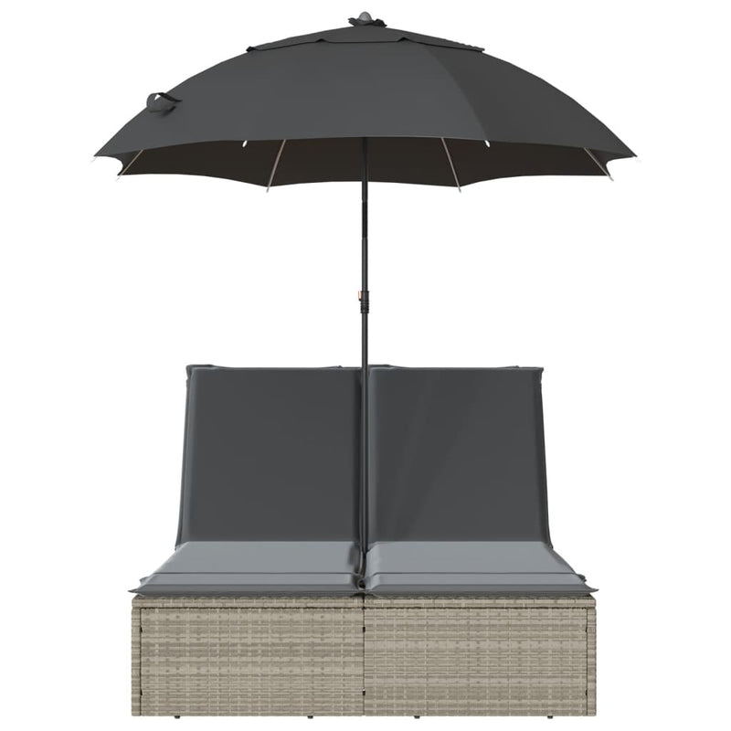 vidaXL Double Sun Lounger with Cushions&Parasol Light Grey Poly Rattan