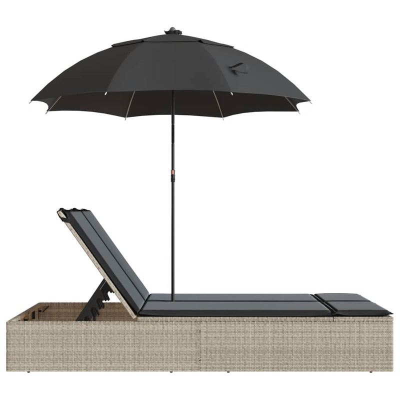 vidaXL Double Sun Lounger with Cushions&Parasol Light Grey Poly Rattan