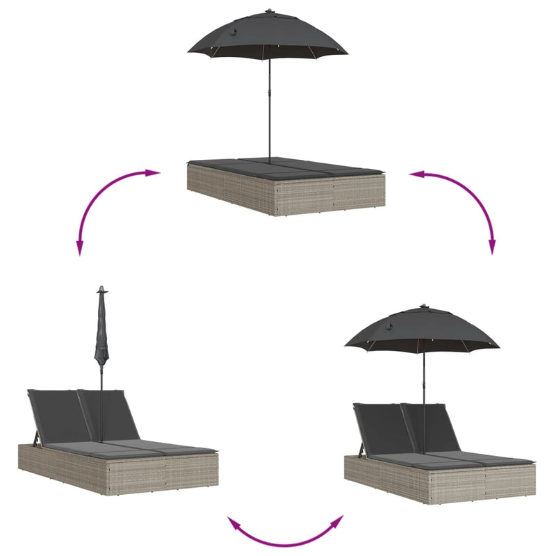 vidaXL Double Sun Lounger with Cushions&Parasol Light Grey Poly Rattan