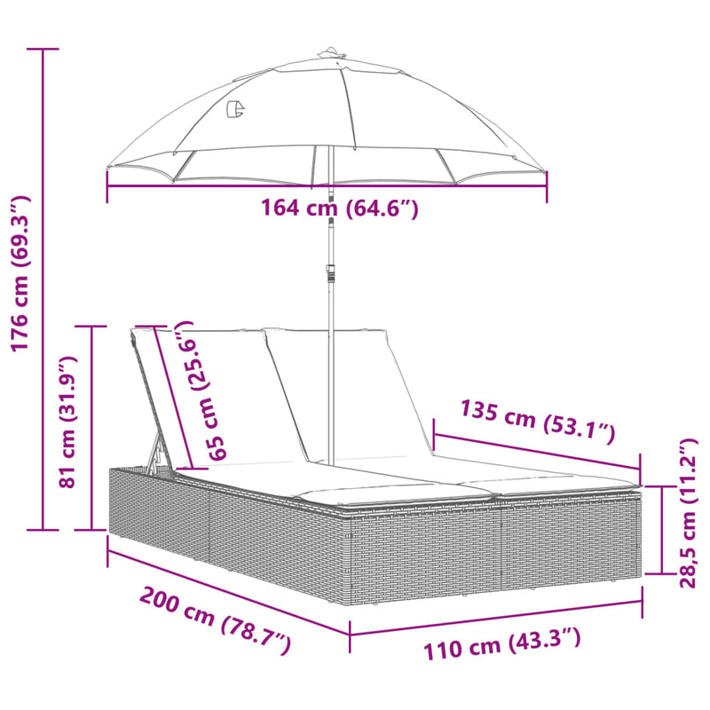 vidaXL Double Sun Lounger with Cushions&Parasol Light Grey Poly Rattan