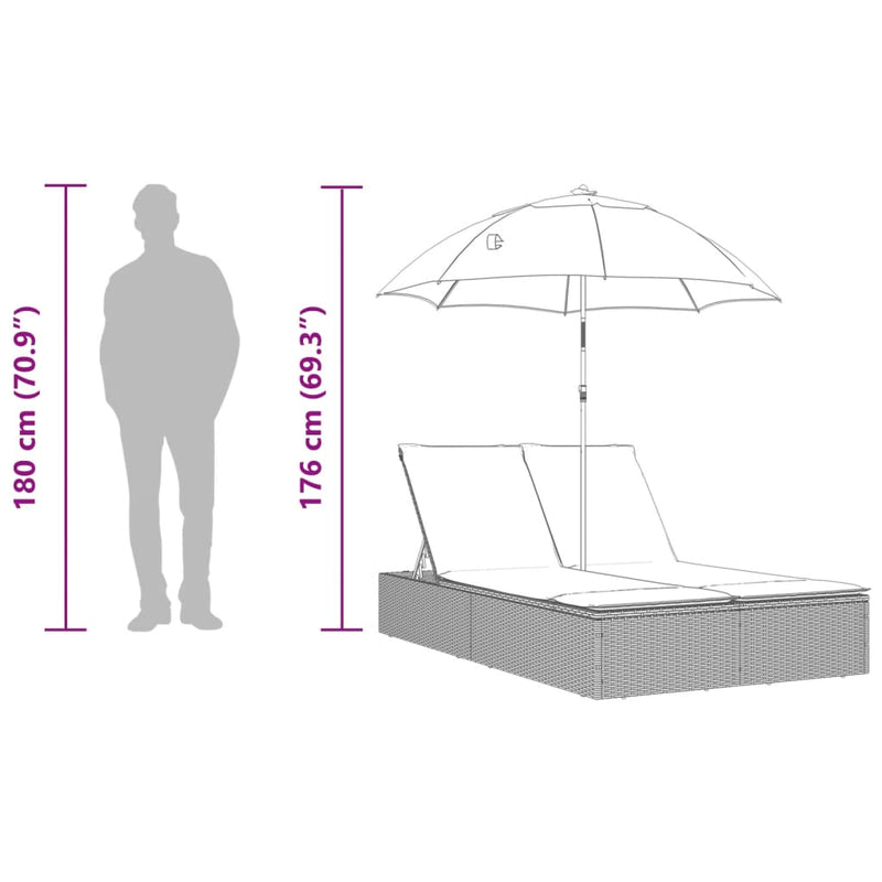 vidaXL Double Sun Lounger with Cushions&Parasol Light Grey Poly Rattan