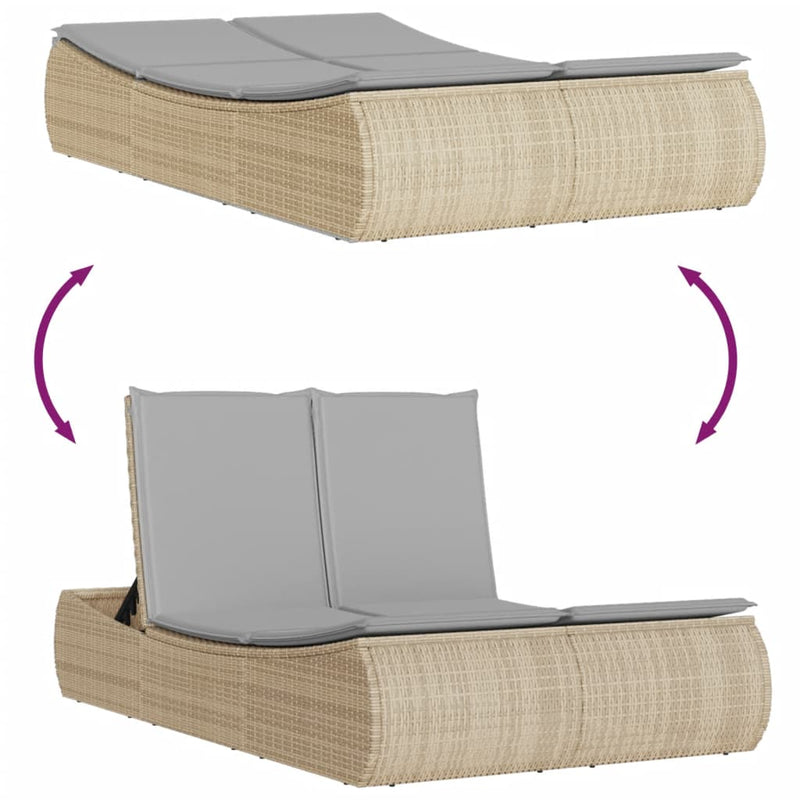 vidaXL Double Sun Lounger with Cushions Beige Poly Rattan