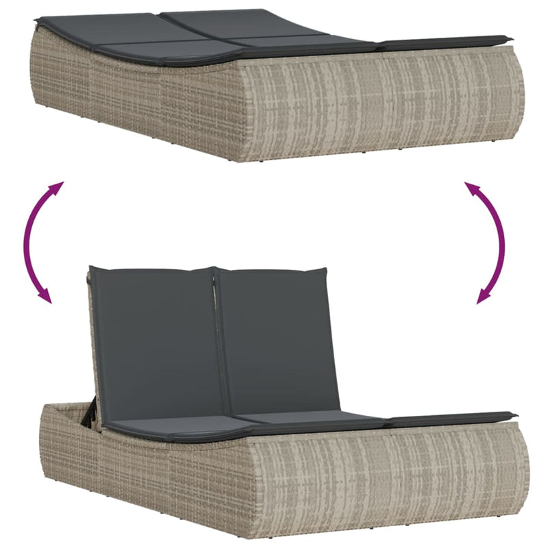 vidaXL Double Sun Lounger with Cushions Light Grey Poly Rattan