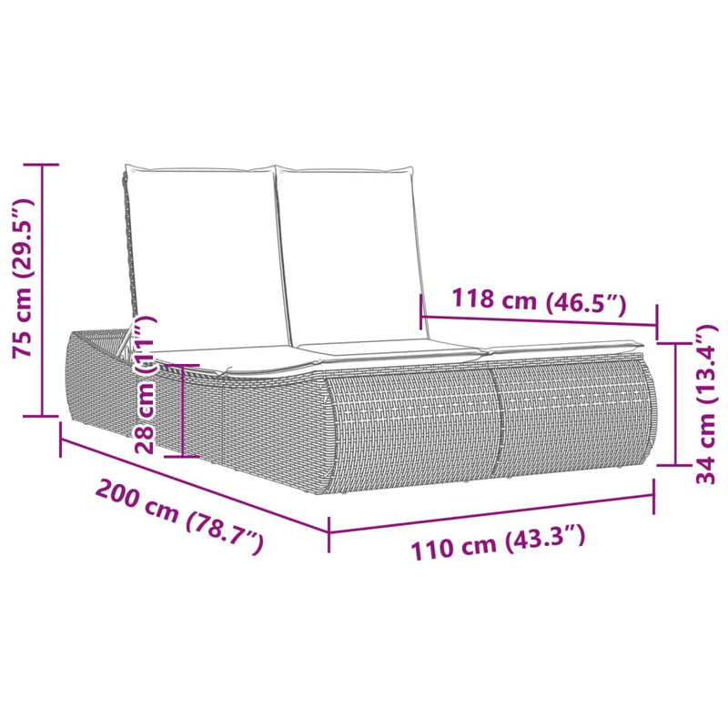 vidaXL Double Sun Lounger with Cushions Light Grey Poly Rattan