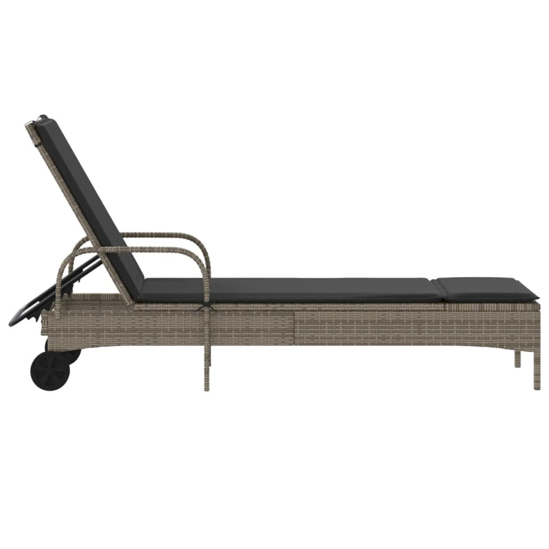 vidaXL Sun Lounger with Wheels and Cushion Grey Poly Rattan