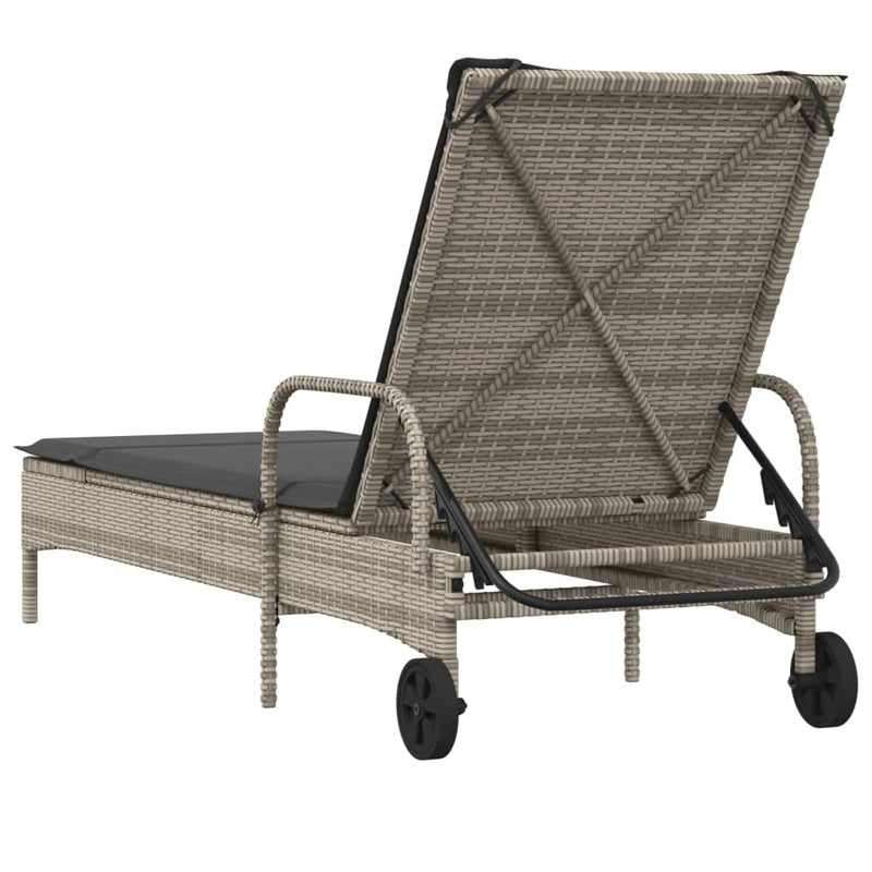 vidaXL Sun Lounger with Wheels and Cushion Grey Poly Rattan