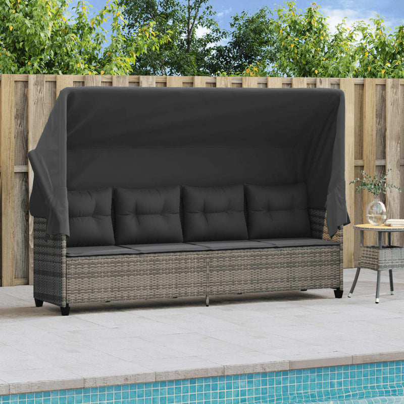 Sun Lounger with Canopy and Cushions Grey Poly Rattan