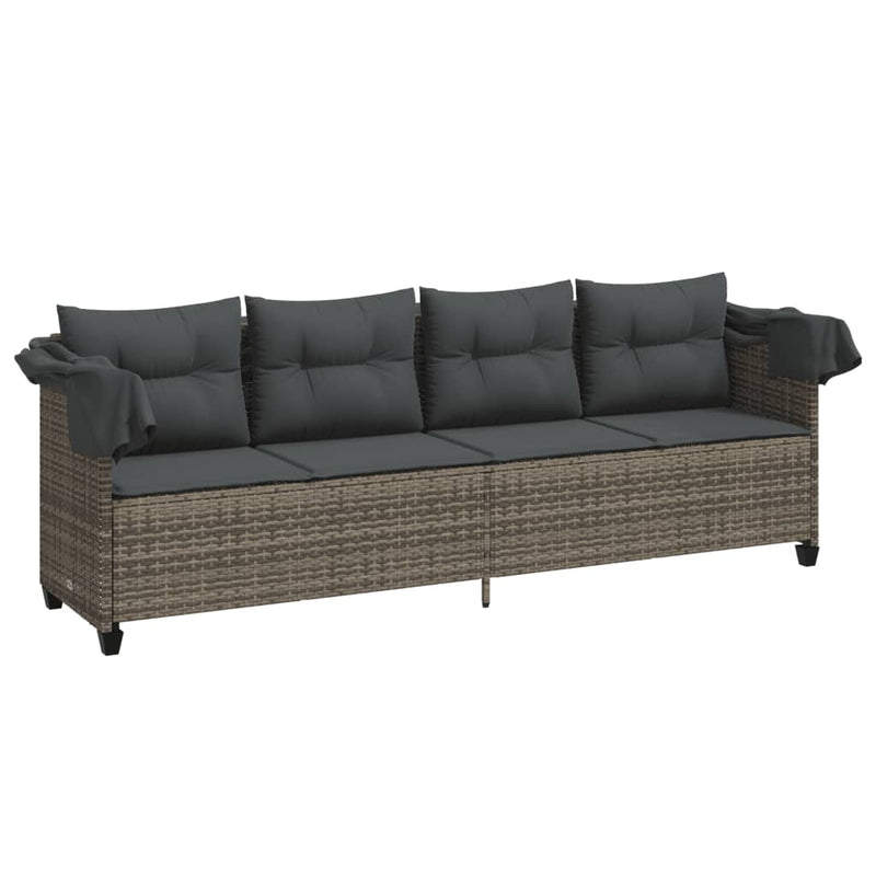 vidaXL Sun Lounger with Canopy and Cushions Grey Poly Rattan
