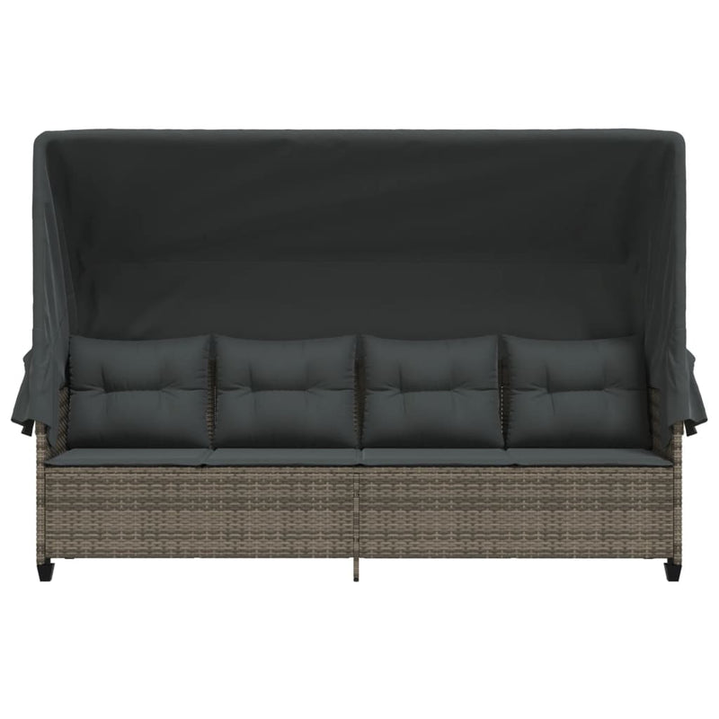 vidaXL Sun Lounger with Canopy and Cushions Grey Poly Rattan
