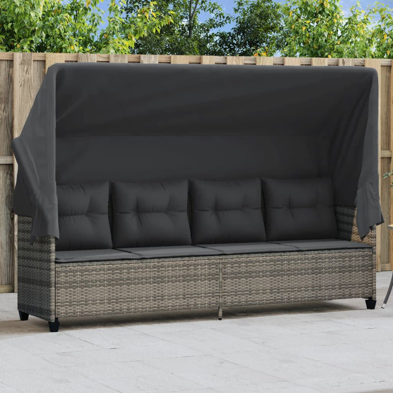 vidaXL Sun Lounger with Canopy and Cushions Grey Poly Rattan
