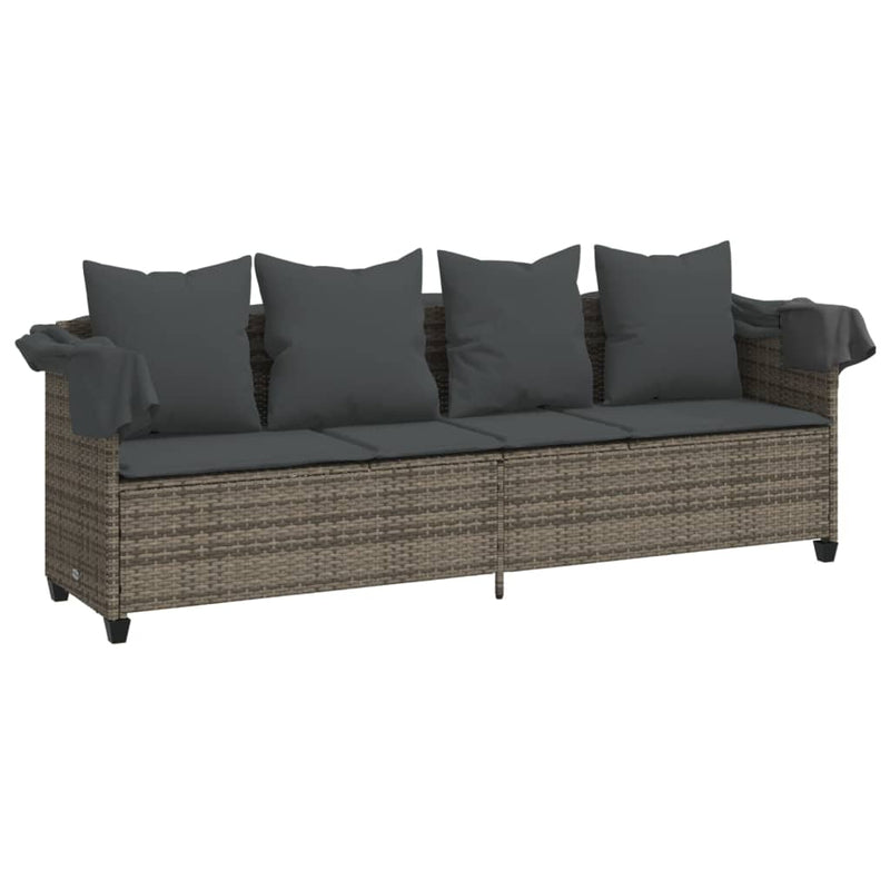 vidaXL Sun Lounger with Canopy and Cushions Grey Poly Rattan