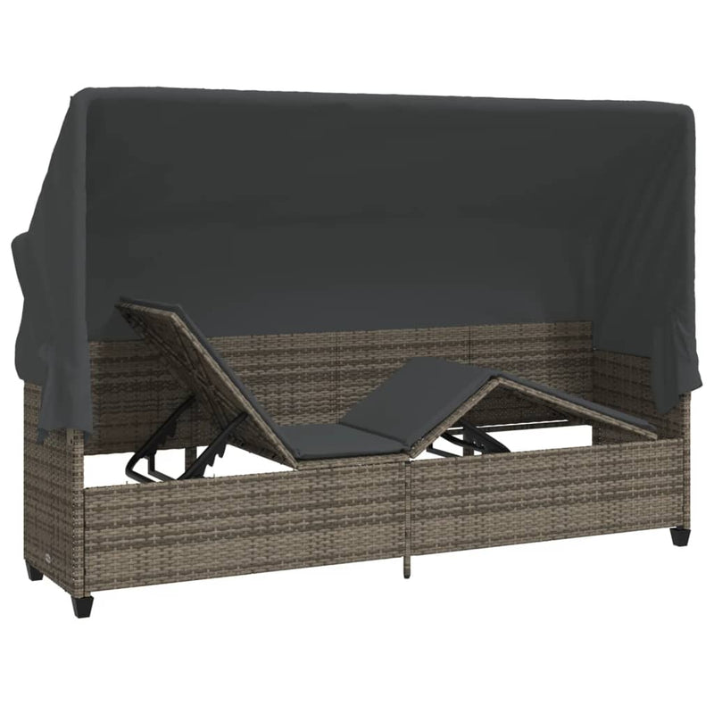 vidaXL Sun Lounger with Canopy and Cushions Grey Poly Rattan