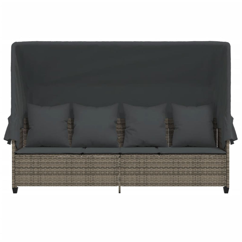 vidaXL Sun Lounger with Canopy and Cushions Grey Poly Rattan