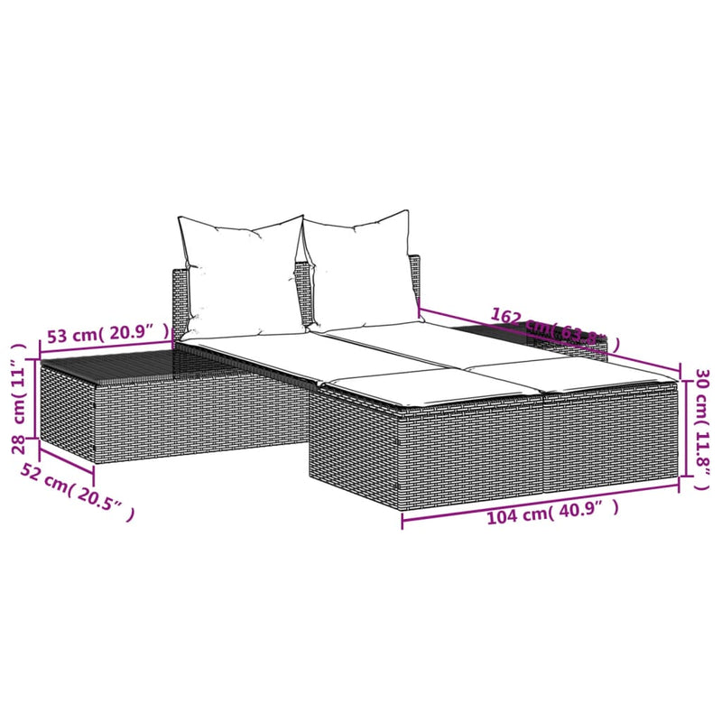 vidaXL Double Sun Lounger with Cushions Grey Poly Rattan