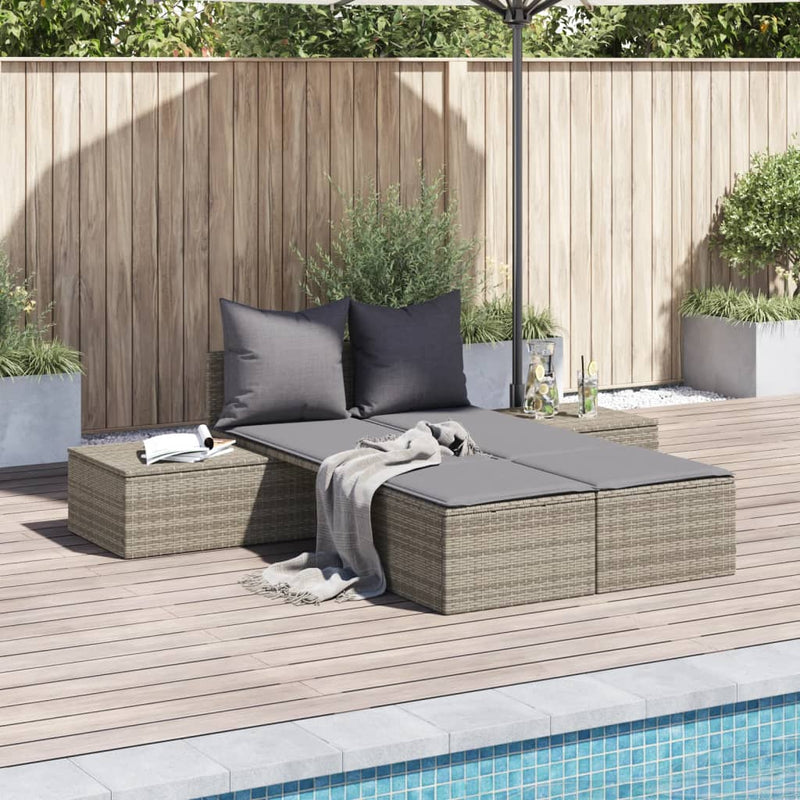 vidaXL Double Sun Lounger with Cushions Grey Poly Rattan