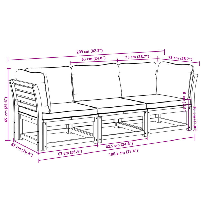 vidaXL 3 Piece Garden Lounge Set with Cushions Solid Wood Acacia