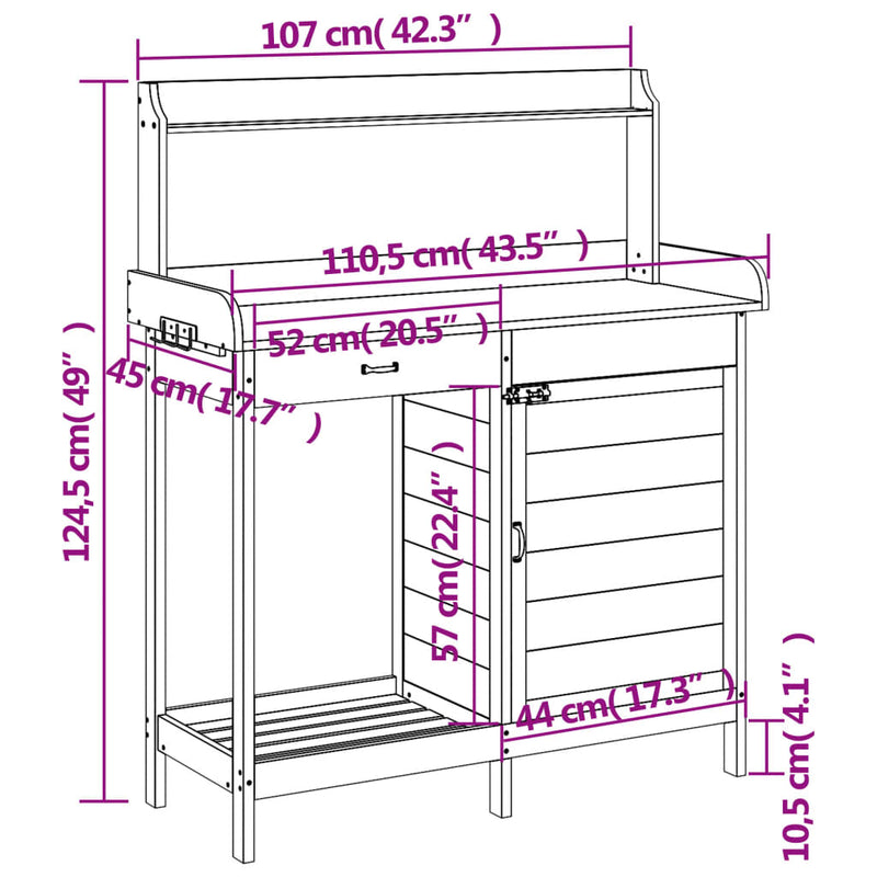 Potting Table with Cabinet Grey 110.5x45x124.5 cm Solid Wood Fir