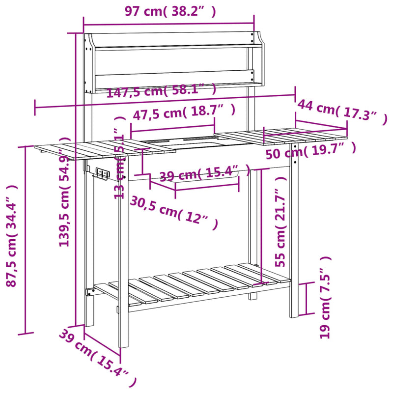 Potting Table with Sink Grey 147.5x44x139.5 cm Solid Wood Fir