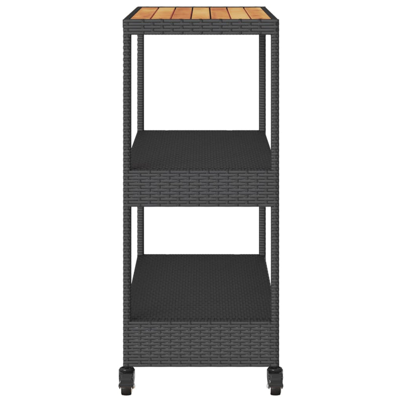 vidaXL Bar Cart 3-Tier Black Poly Rattan and Solid Wood Acacia