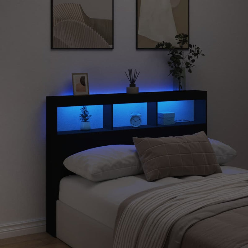 Headboard Cabinet with LED Black 140x17x102 cm