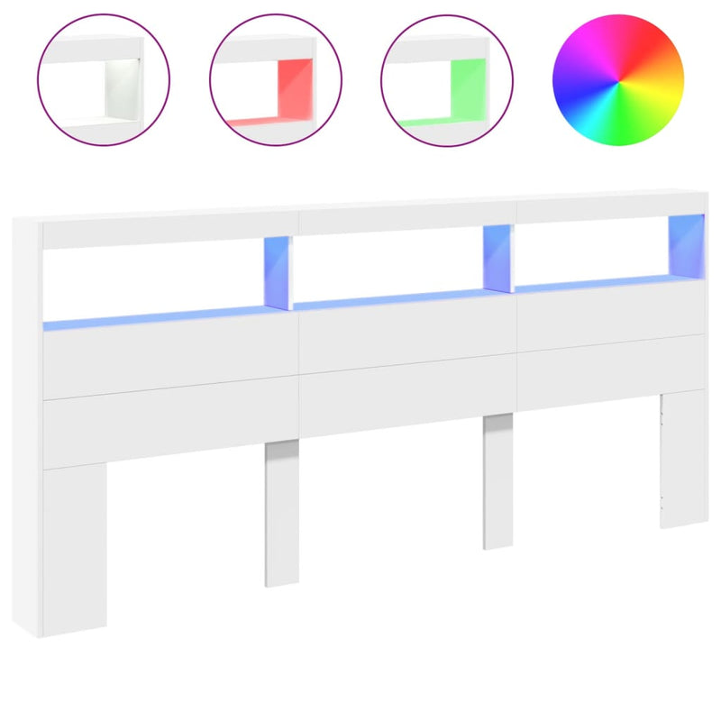 Headboard Cabinet with LED White 220x17x102 cm