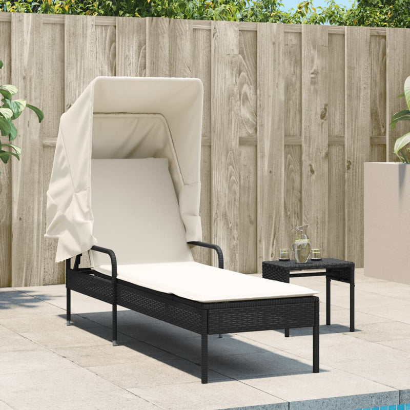 vidaXL Sun Lounger with Canopy Black Poly Rattan