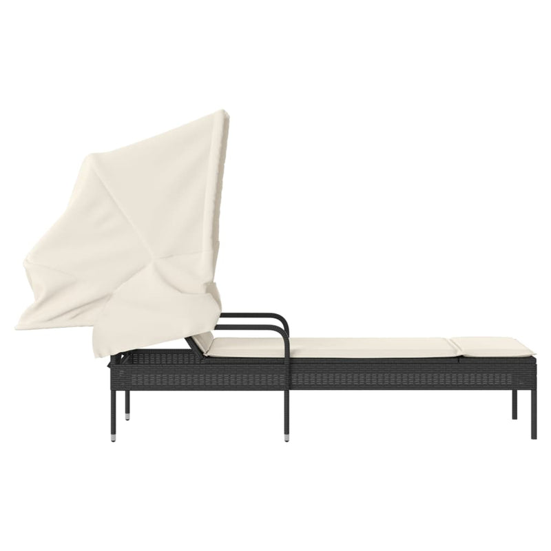 Sun Lounger with Canopy Black Poly Rattan